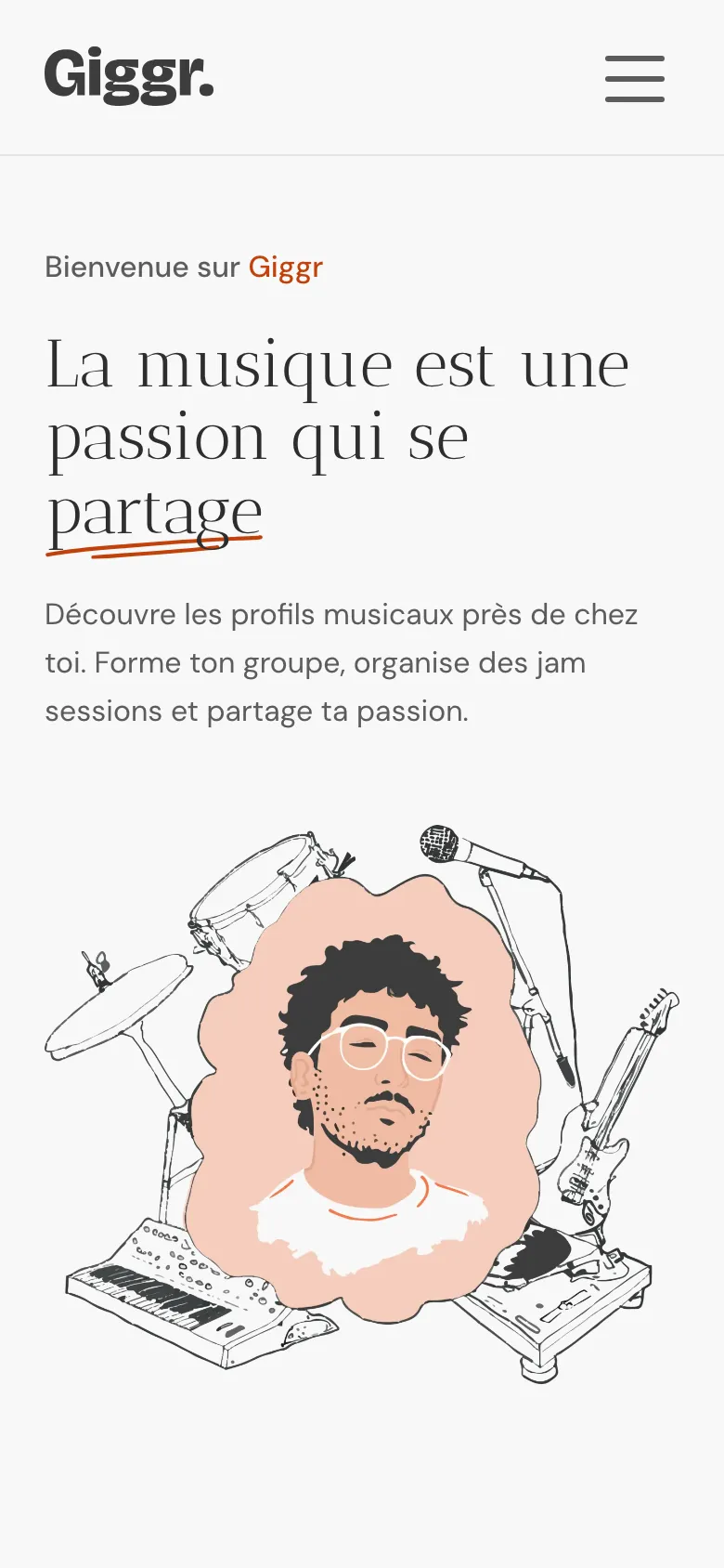 Navigation mobile de Giggr avec JavaScript&nbsp;: l’en-tête et son bouton burger, menu fermé.
