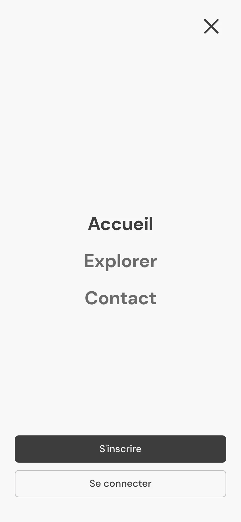 Navigation mobile de Giggr avec JavaScript&nbsp;: menu plein écran ouvert.