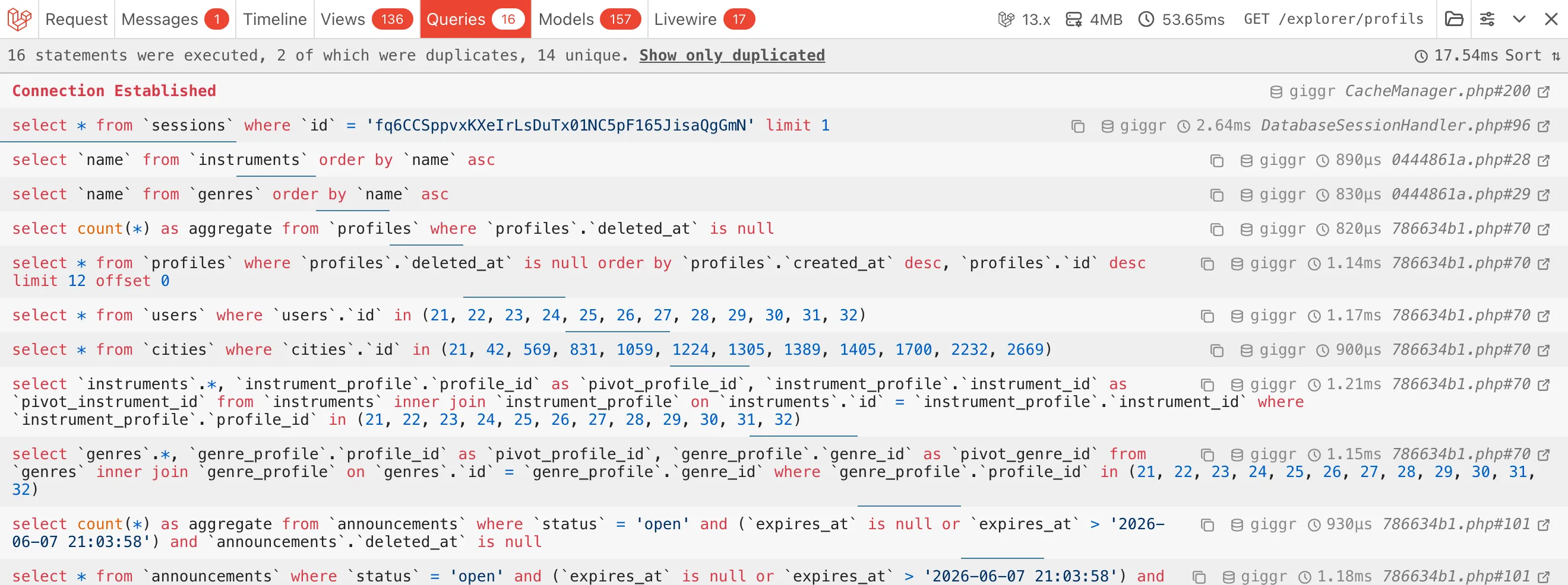 Laravel Debugbar, onglet Database sur la page Explorer: 15 requêtes.