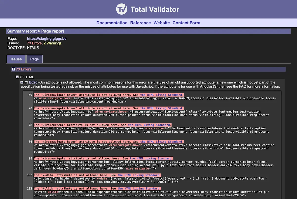 Rapport Total Validator de la page d'accueil de Giggr : 73 erreurs, toutes de type E620 (attribut non autorisé), portant sur des attributs Livewire et Alpine.